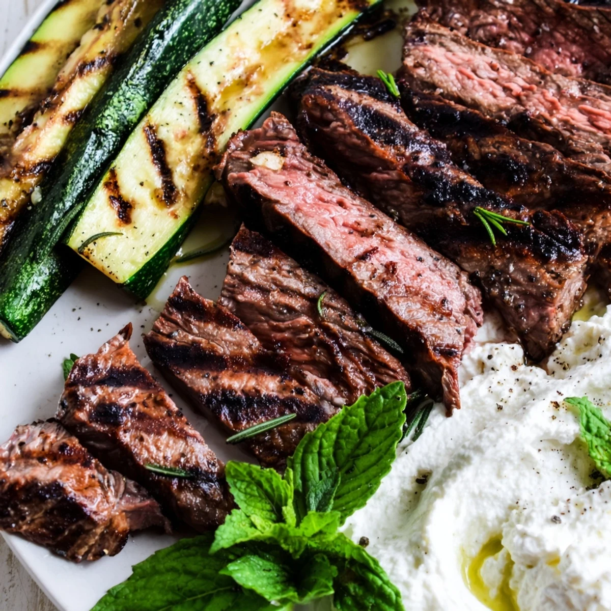 Juicy balsamic flank steak slices rest atop creamy whipped feta and smoky grilled zucchini, garnished with fresh mint for a vibrant summer main dish.