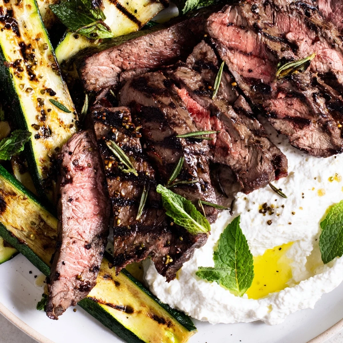 Perfectly charred grilled zucchini planks and tender balsamic marinated flank steak are served over a bed of whipped feta for a gluten-free dinner.