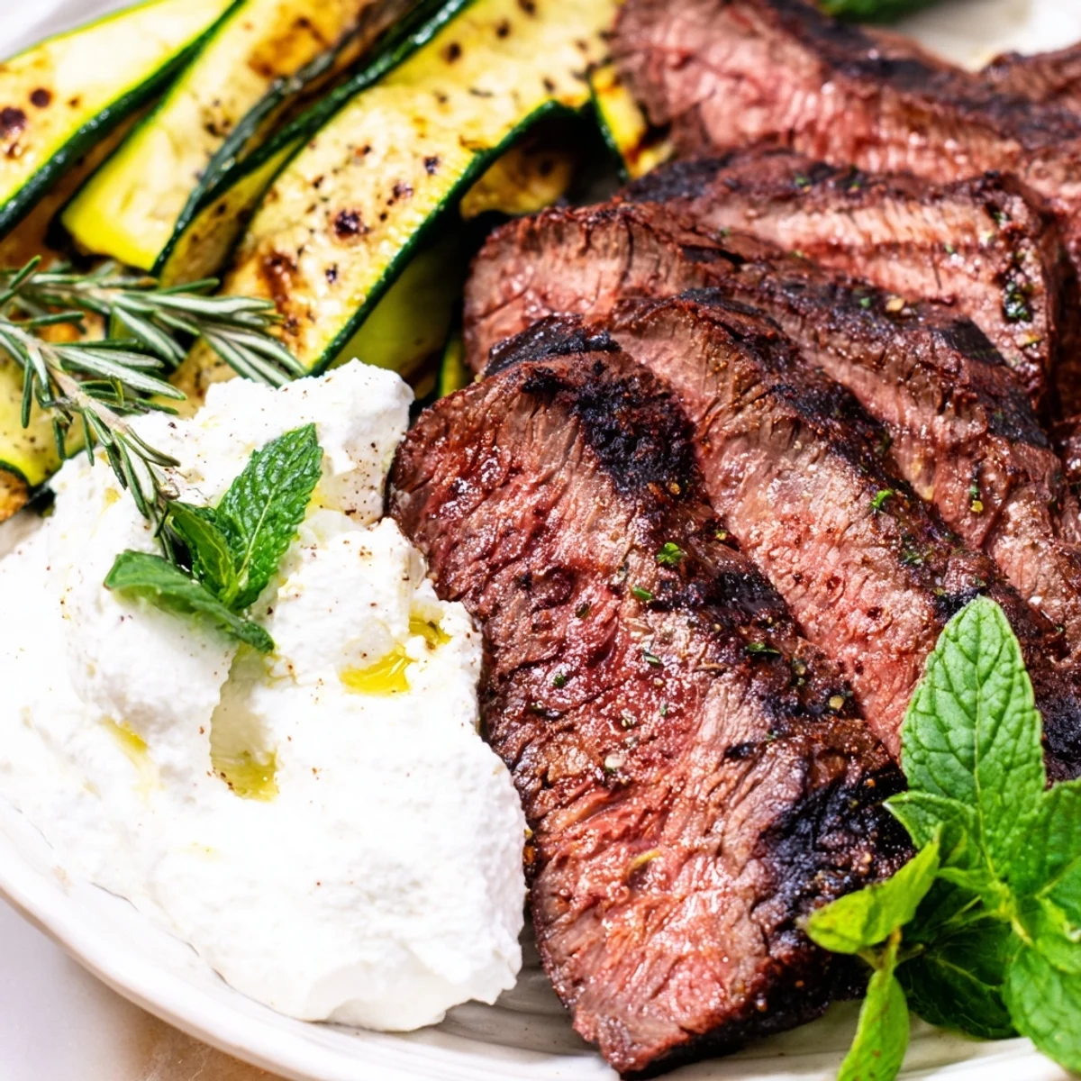A Mediterranean-inspired platter features sliced balsamic flank steak, smoky zucchini, and whipped feta, ideal for serving with fresh herbs and a balsamic glaze drizzle.