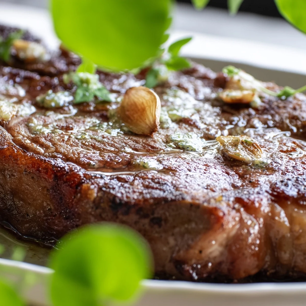 Juicy Pan Seared Ribeye Steak resting on a cutting board, garnished with fresh thyme and rosemary sprigs.