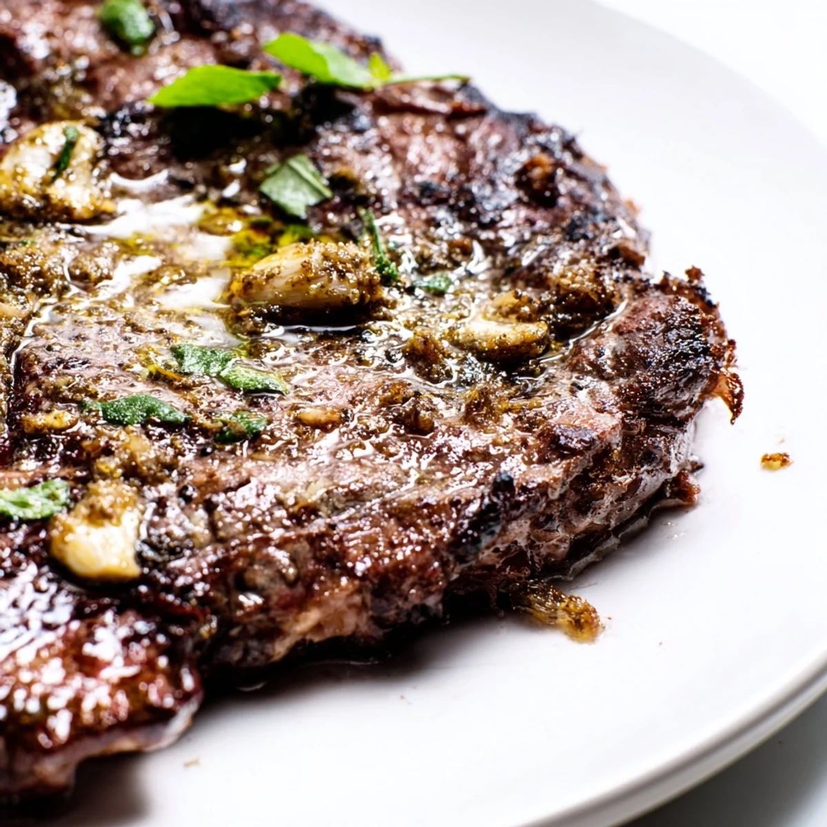 Slice of medium-rare Pan Seared Ribeye Steak served alongside roasted vegetables for a complete American dinner.