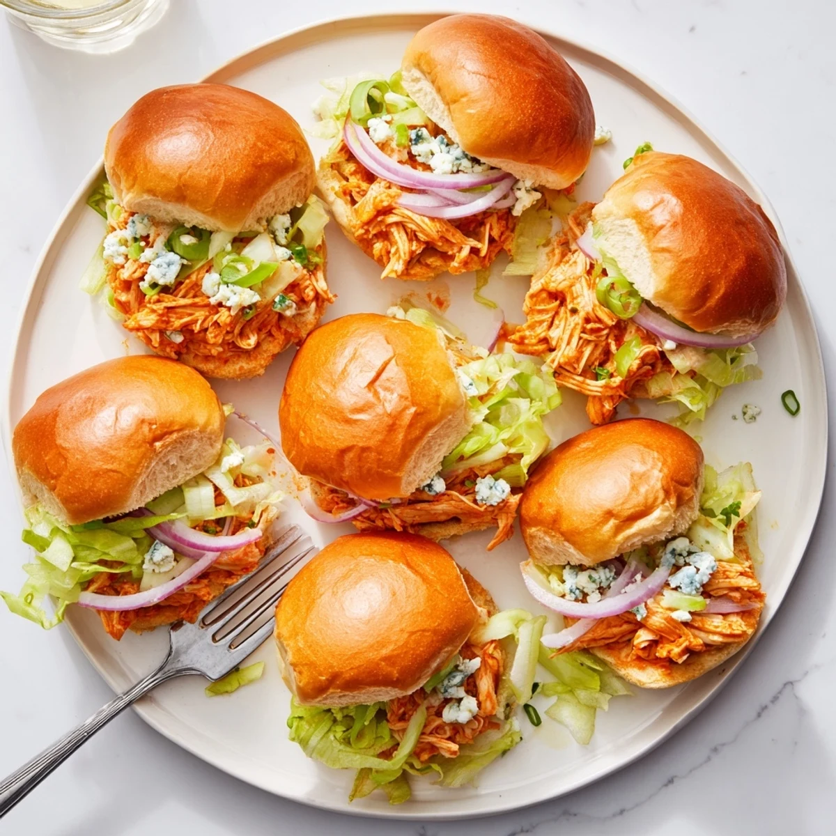 Golden toasted slider buns hold spicy Buffalo chicken sliders with crisp lettuce and creamy blue cheese crumbles.