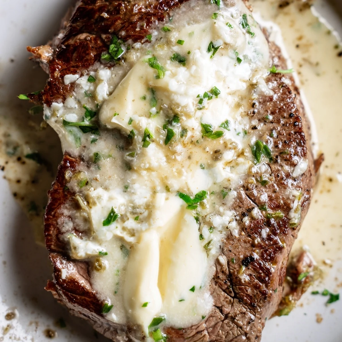 Garlic Butter Steak With Parmesan Cream Sauce served on a white plate with a rich, creamy sauce drizzled over juicy, seared medallions.