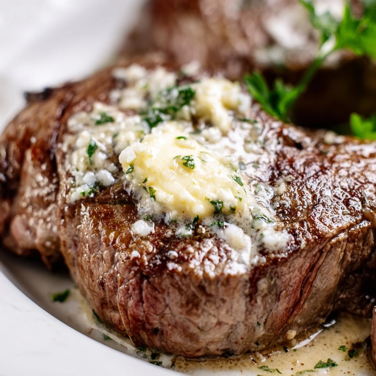Sizzling Garlic Butter Steak With Parmesan Cream Sauce fresh from the skillet, garnished with fresh parsley and ready for a weeknight dinner.