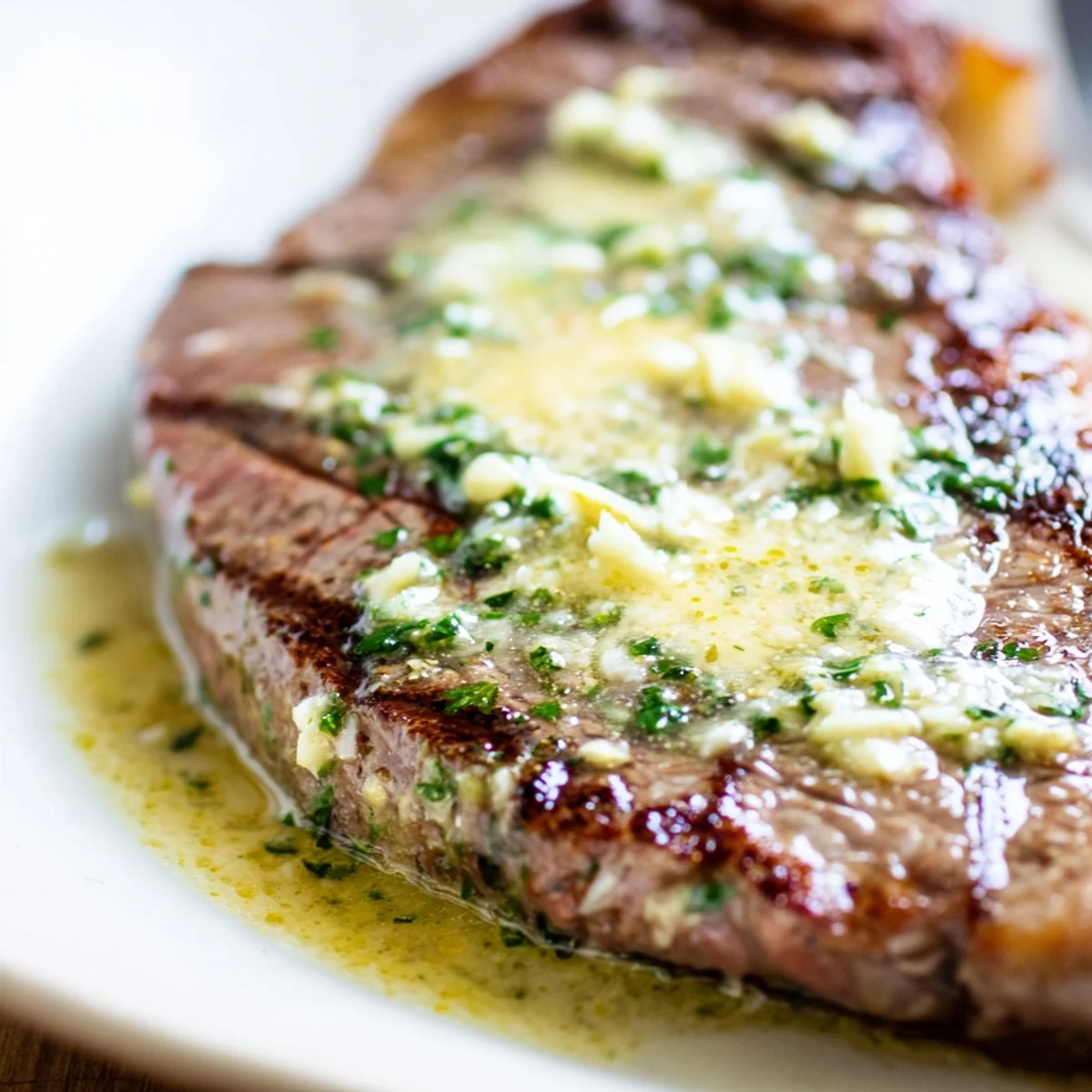 Plated Garlic Butter Steak With Parmesan Cream Sauce alongside roasted asparagus, showing the golden-brown crust and velvety, garlicky sauce.
