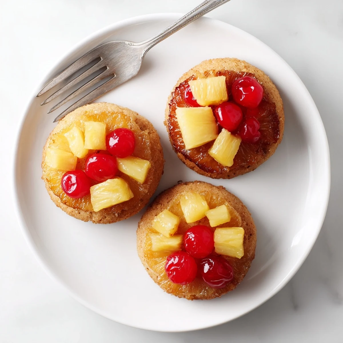Golden Pineapple Upside Down Sugar Cookies sit on a cooling rack with caramelized fruit and a cherry half glistening on top.