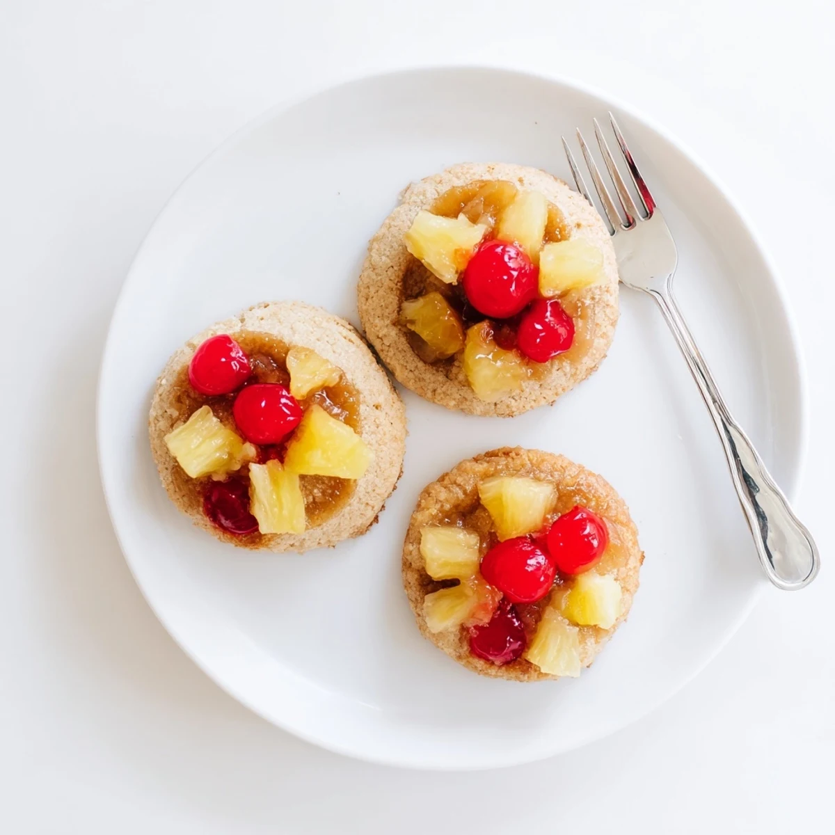 These Pineapple Upside Down Sugar Cookies are stacked on a white plate with pineapple chunks and rich caramel topping.
