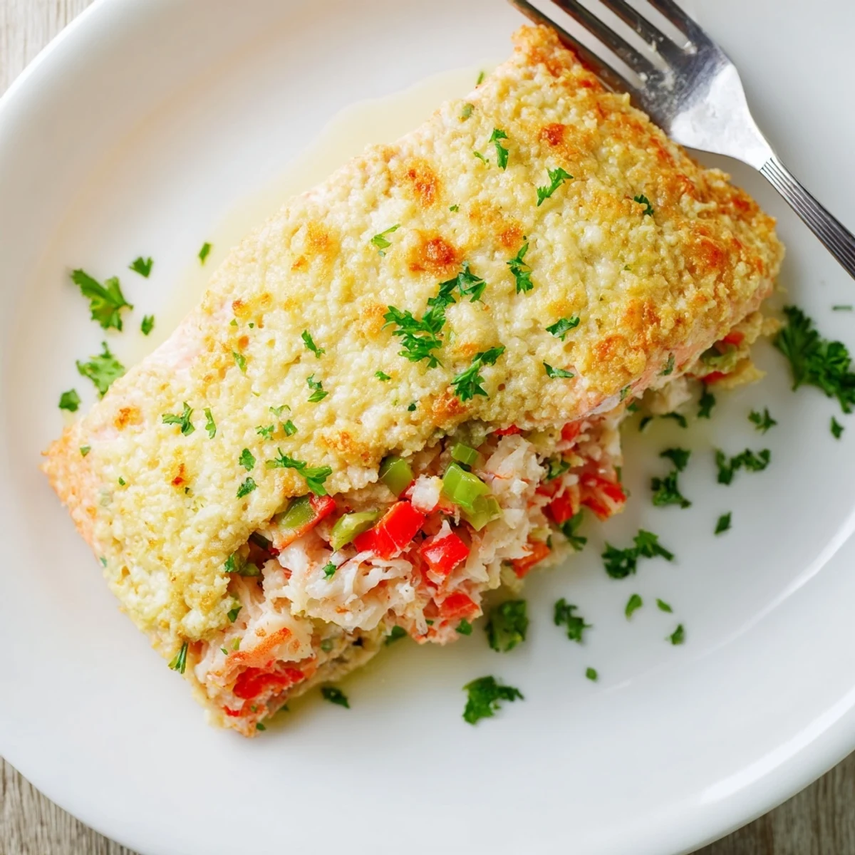 Flaky baked Crab & Shrimp Stuffed Salmon fillets on a white plate, garnished with fresh parsley and lemon wedges for a zesty finish.