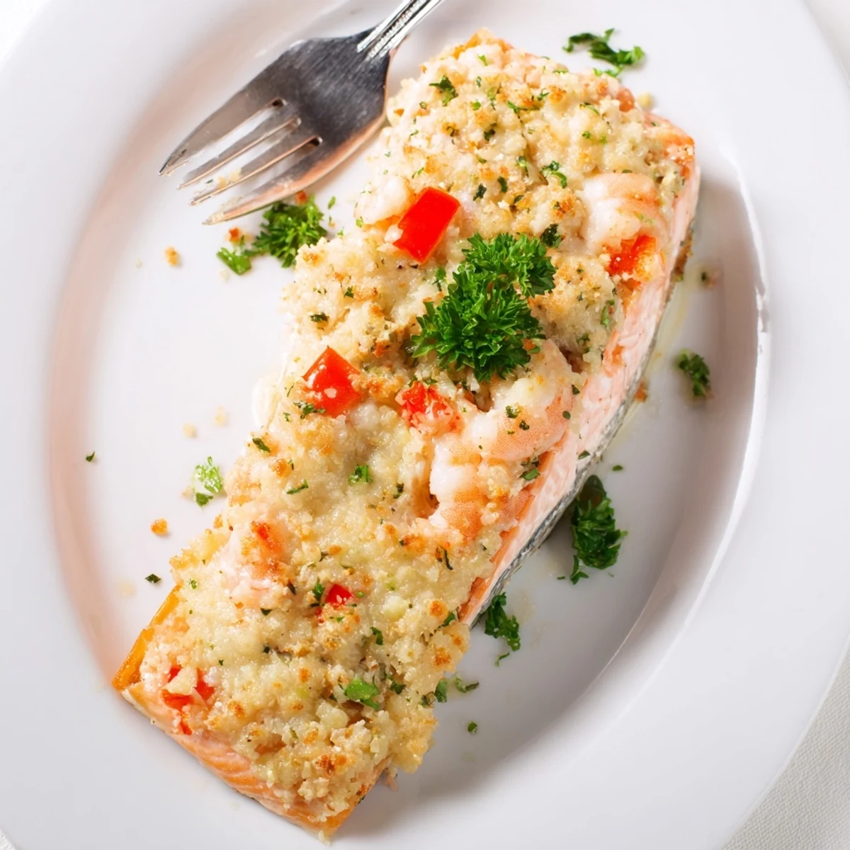 Crab & Shrimp Stuffed Salmon baking in the oven, golden and bubbling, served alongside tender asparagus and fluffy wild rice.