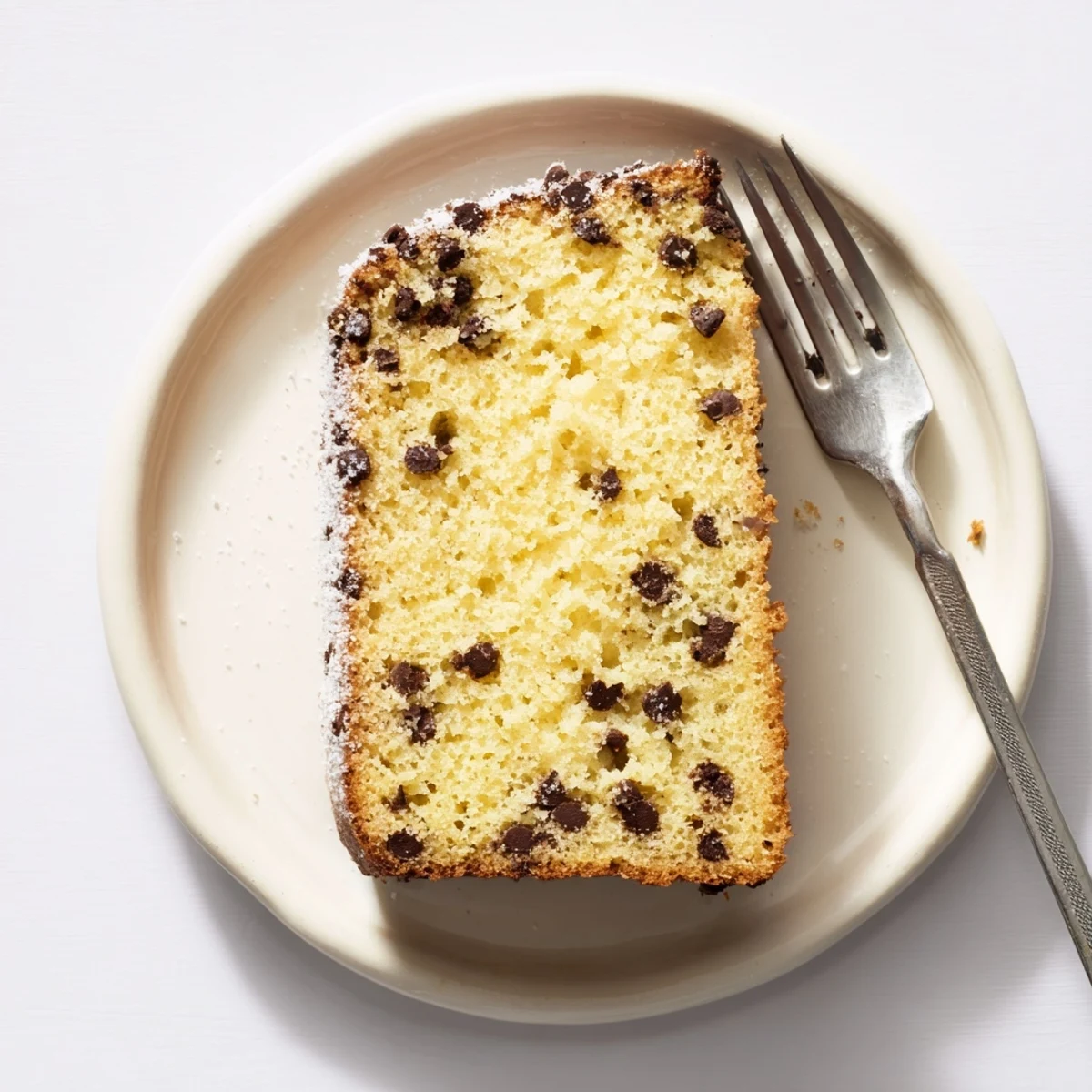 A slice of Chocolate Chip Cake shows melted chocolate chips on a moist crumb, served on a white plate with a dollop of whipped cream.