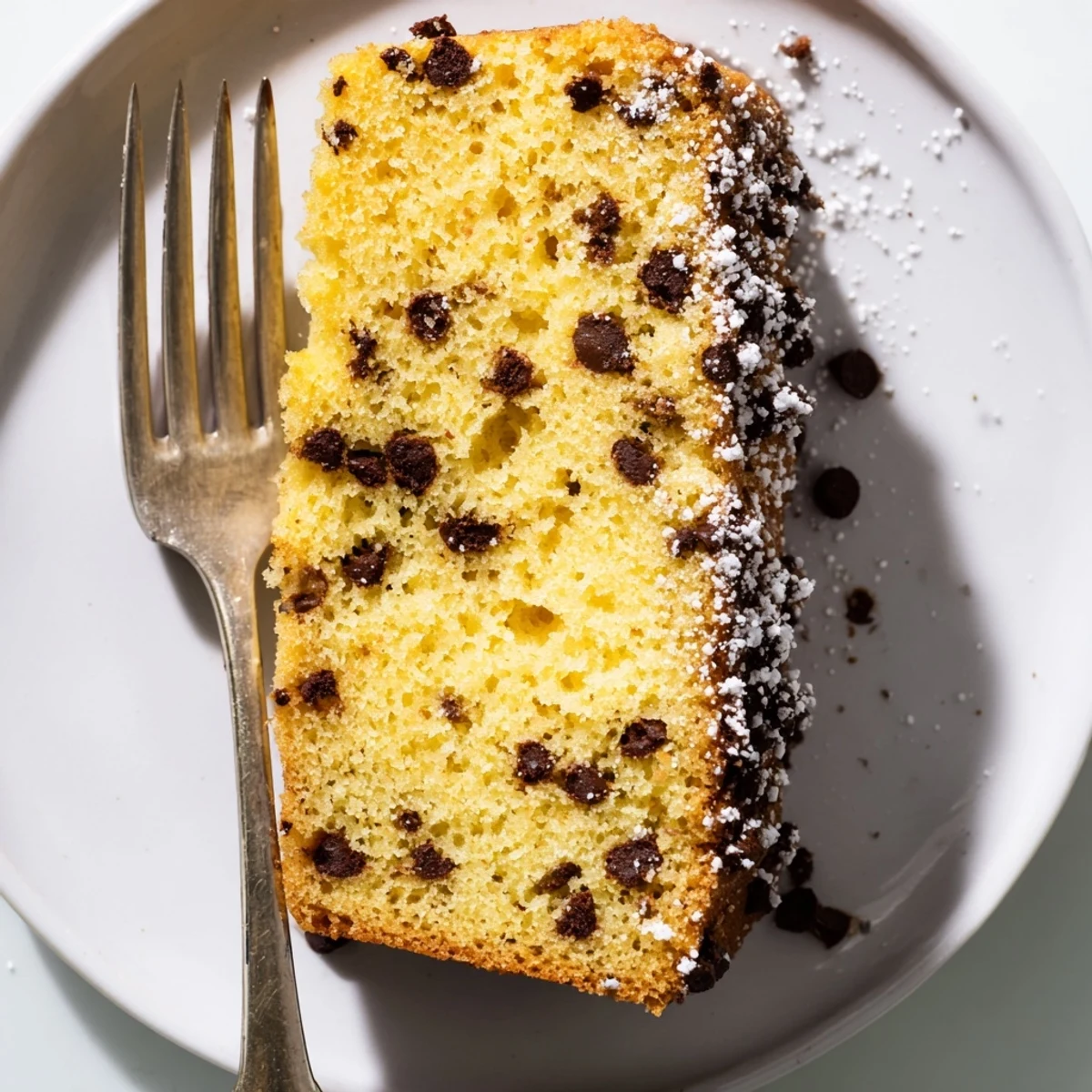 This easy American chocolate chip cake has a tender, buttery texture with semi-sweet chocolate chips baked into every slice.