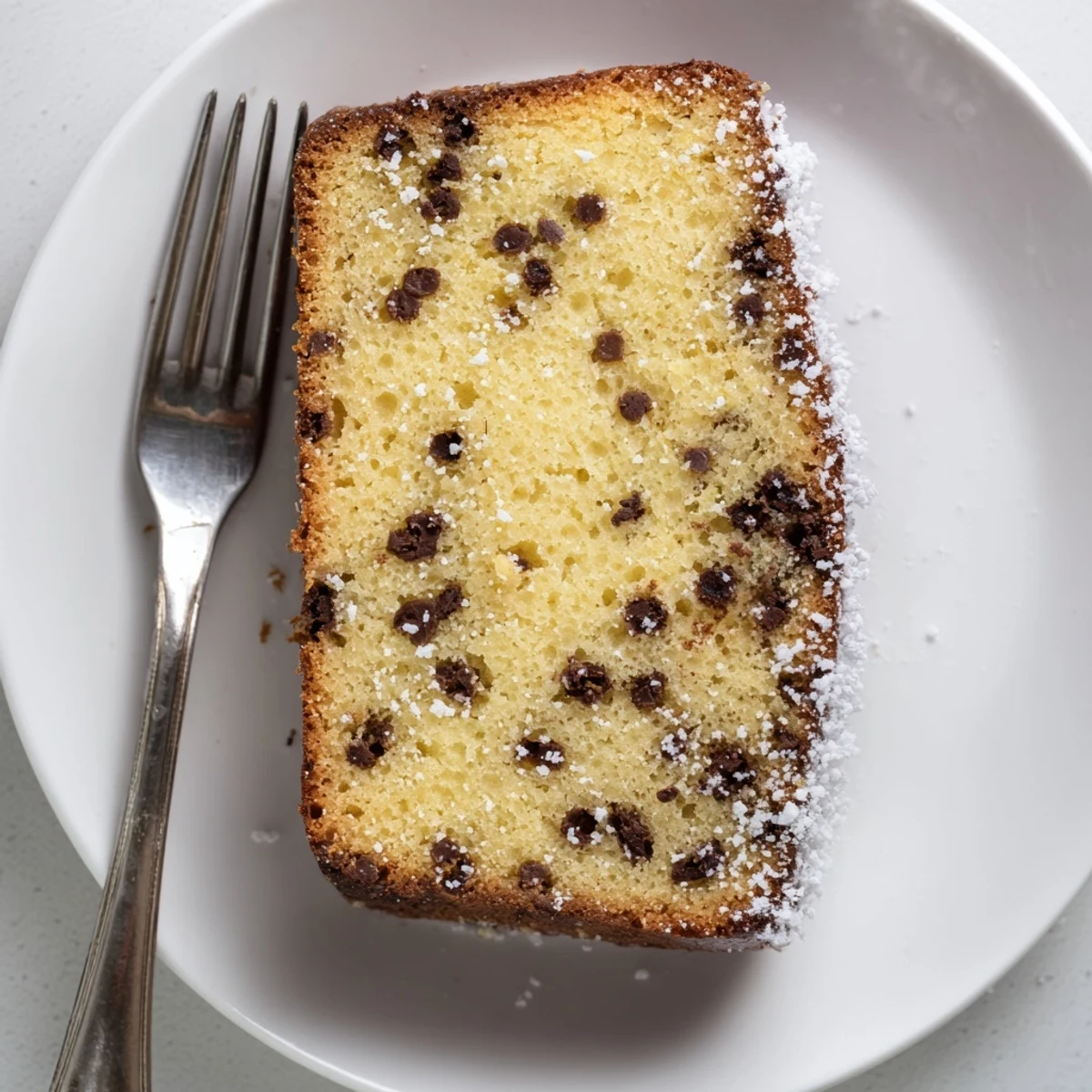 Freshly baked Chocolate Chip Cake sits on a cooling rack, with coarse sugar sprinkled on top and a rustic wooden background.