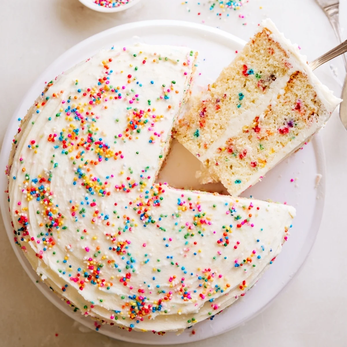 A freshly baked gluten-free funfetti birthday cake with moist vanilla crumb and colorful sprinkles, ready to slice.