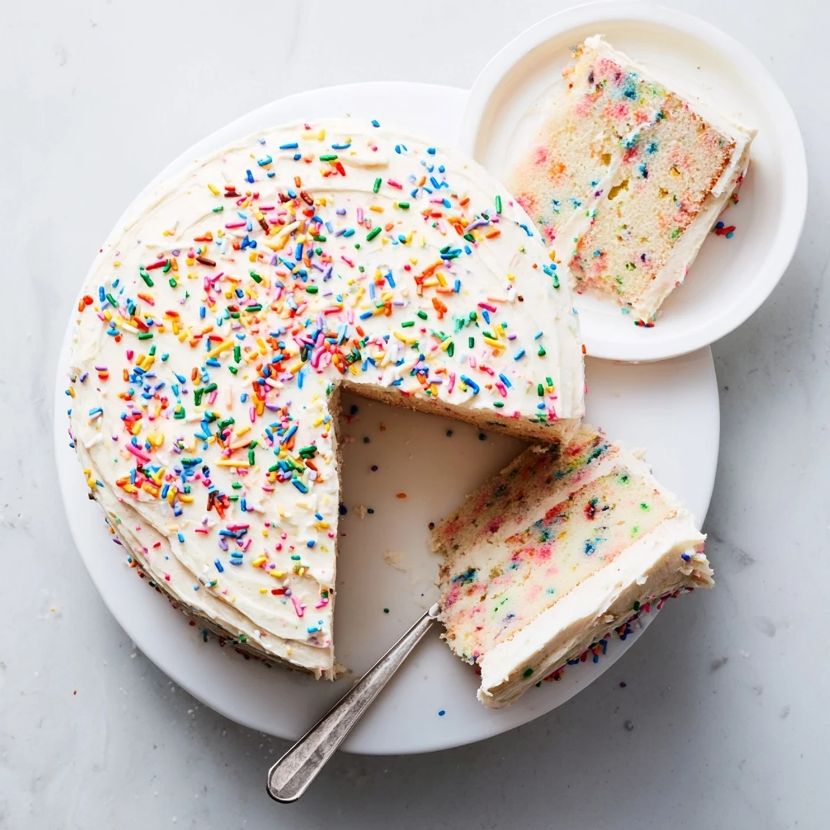 Sliced wedge of gluten-free funfetti birthday cake showing fluffy layers and frosting with extra rainbow sprinkles.