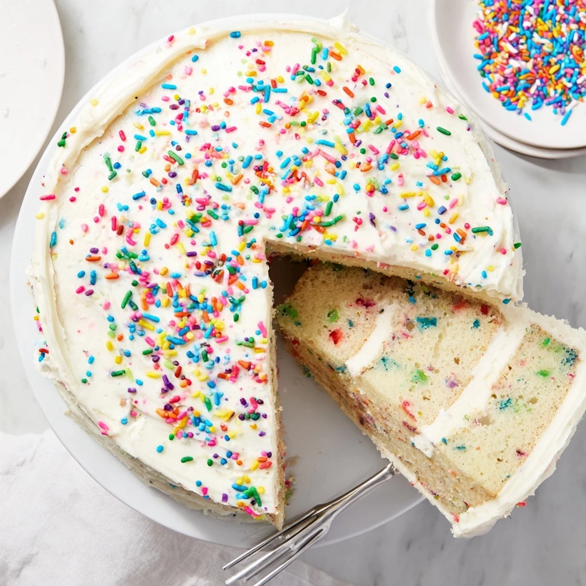 A gluten-free funfetti birthday cake on a white plate, frosted and decorated with vibrant confetti sprinkles for a celebration.
