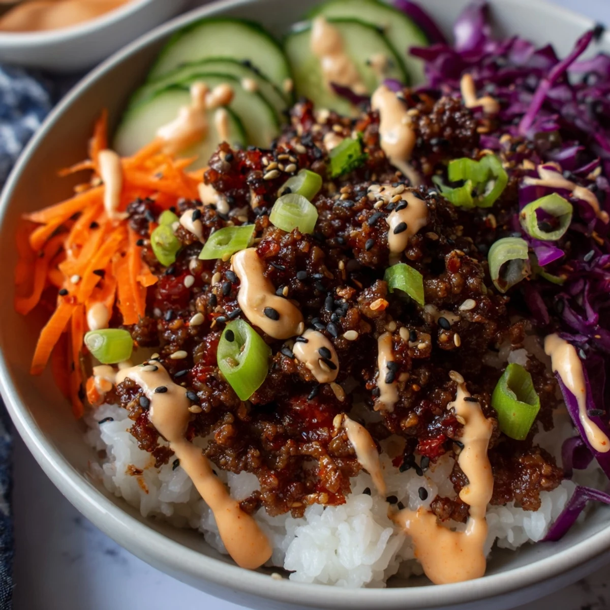 Close-up of Korean Beef Bowl with Spicy Mayo, featuring tender ground beef and fresh vegetables on rice.