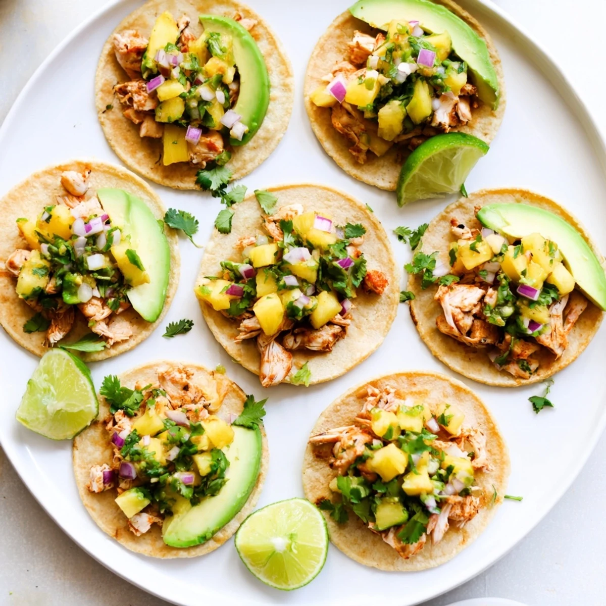 Golden Pineapple Chicken Tacos on a wooden board, garnished with cilantro and lime wedges for brightness.
