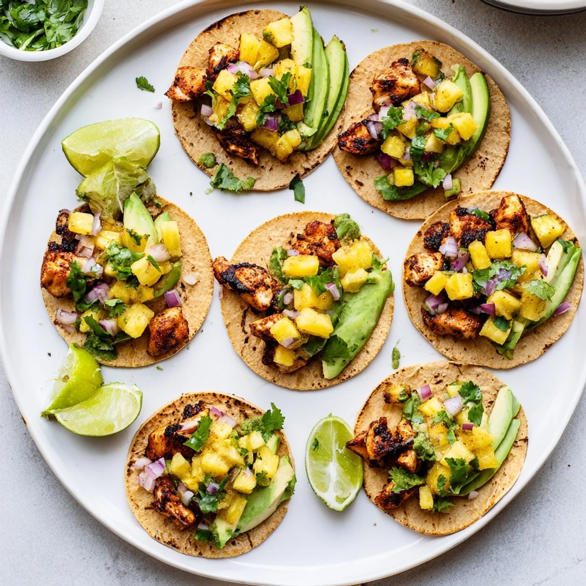 Juicy Pineapple Chicken Tacos stacked high with fresh avocado and vibrant salsa, ready to serve.