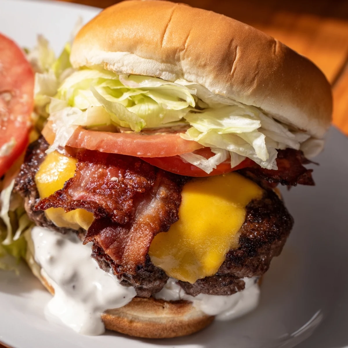 Close-up of a Crack Burgers stacked high with fresh lettuce and ripe tomato slices.  