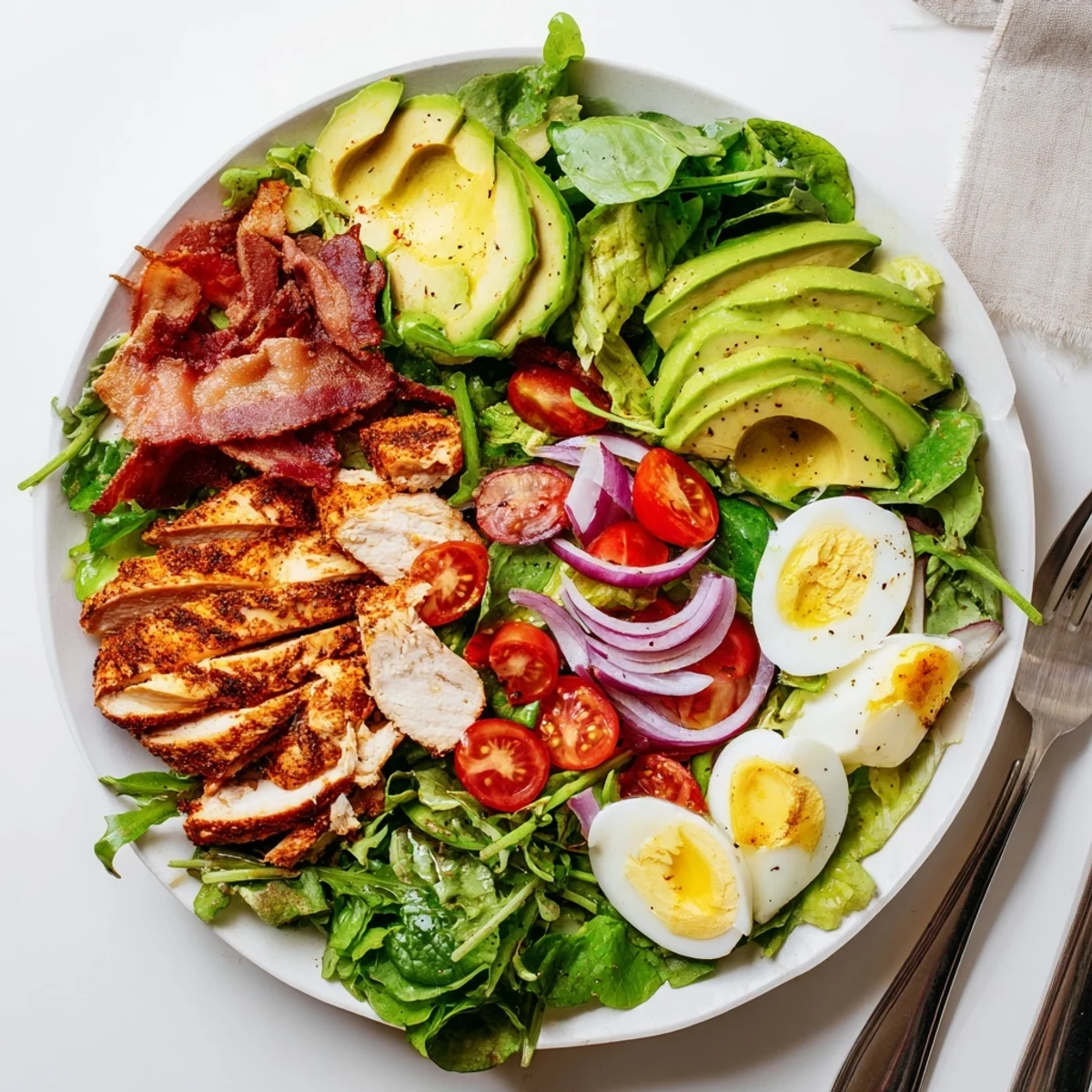 Savor this Paleo Grilled Chicken Cobb Salad, showcasing juicy grilled chicken, smoky bacon, ripe avocado slices, and a tangy honey Dijon dressing over crisp greens.