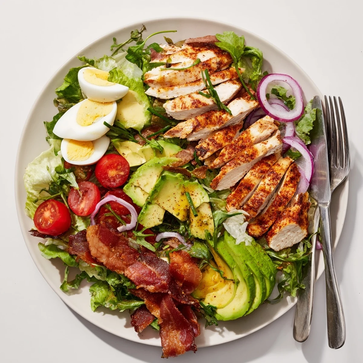 Freshly grilled chicken tops this Paleo Grilled Chicken Cobb Salad, layered with bacon, avocado, cherry tomatoes, red onion, and drizzled with honey Dijon dressing.