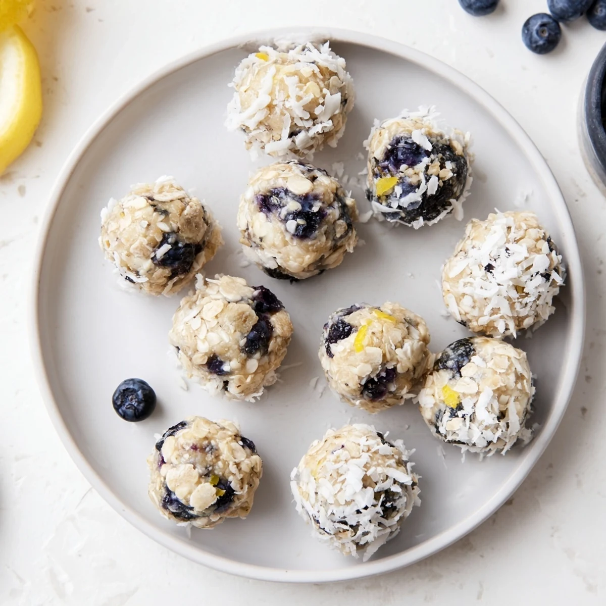 Zesty Lemon Blueberry Cottage Cheese Protein Bites served in a bowl with a drizzle of honey.