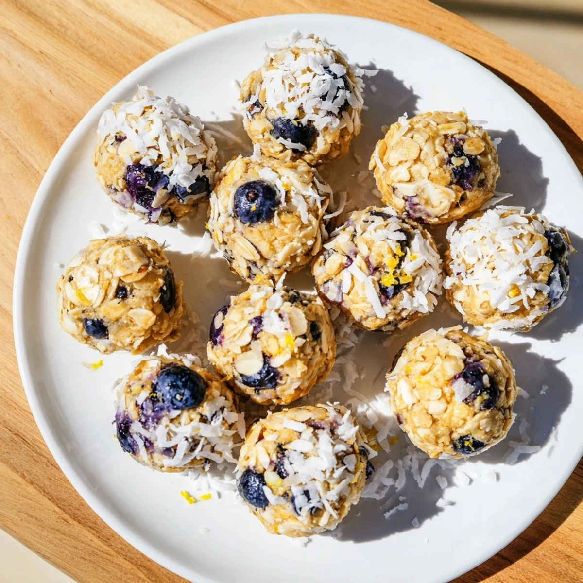 Fresh Lemon Blueberry Cottage Cheese Protein Bites rolled in shredded coconut on a wooden board.