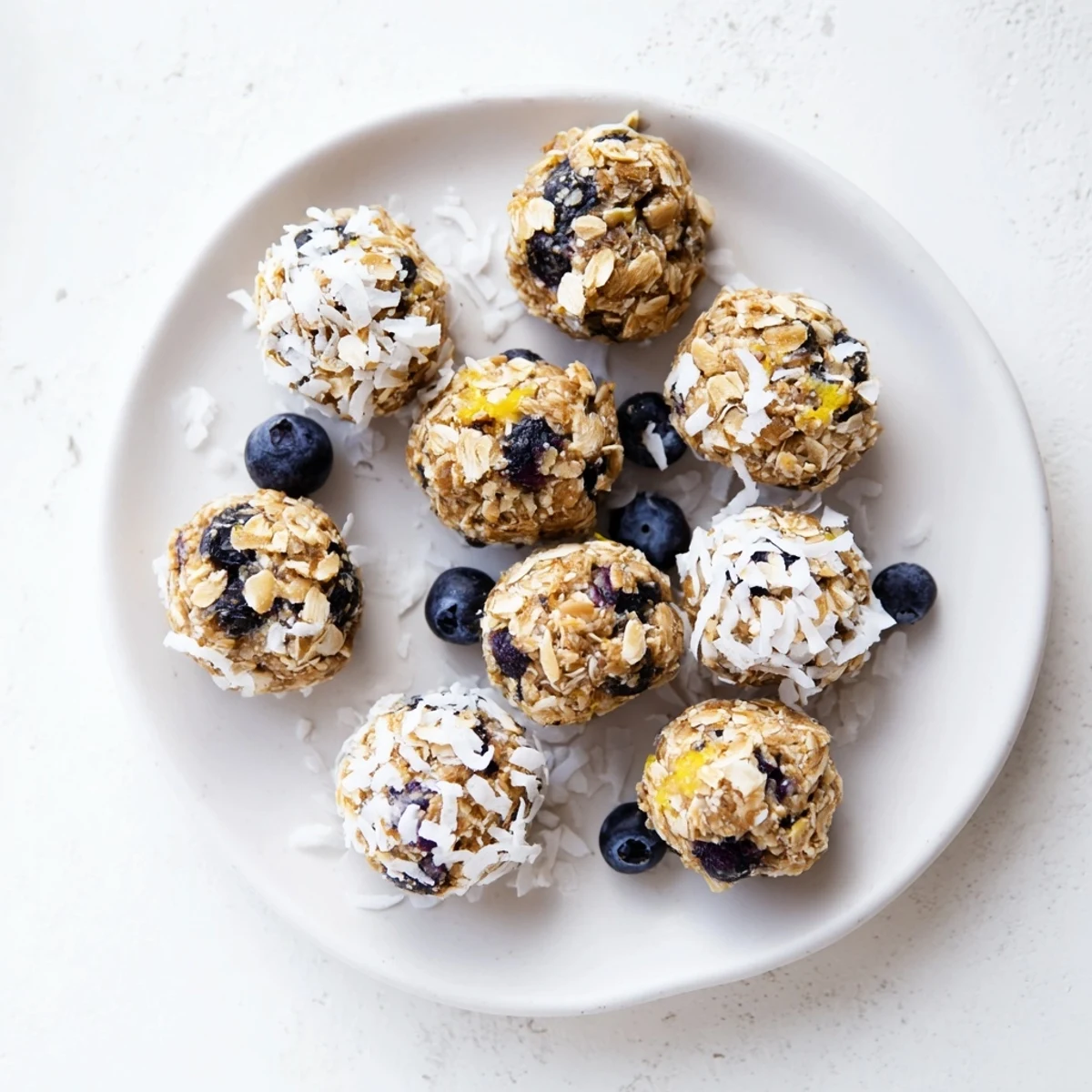 Lemon Blueberry Cottage Cheese Protein Bites arranged on a tray with fresh blueberries and lemon slices.