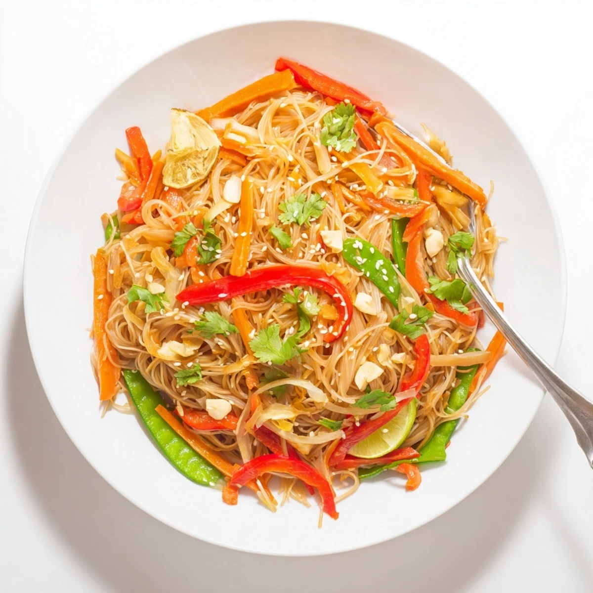 Bright Rice Noodle Stir Fry loaded with crisp bell peppers, carrots, and snap peas in a glossy savory sauce.  