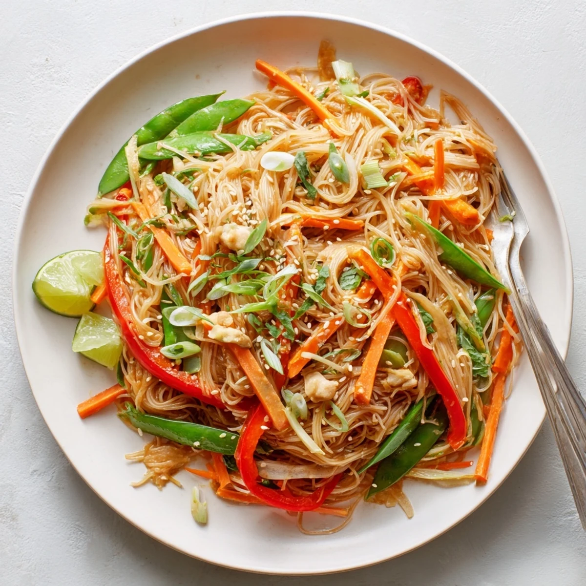 Steaming platter of Rice Noodle Stir Fry garnished with fresh cilantro, sesame seeds, and lime wedges.  
