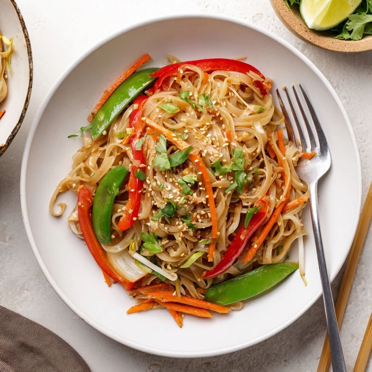 Easy Rice Noodle Stir Fry tossed with bean sprouts and spring onions in a wok, perfect for weeknights.