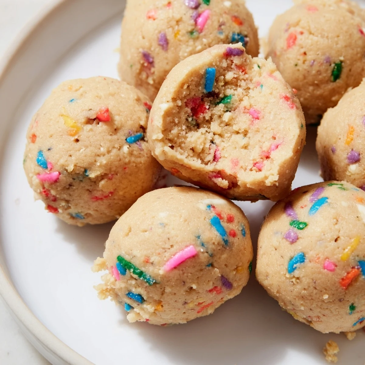 A close-up of Birthday Cake Batter Protein Balls dusted with extra rainbow sprinkles on a marble surface.