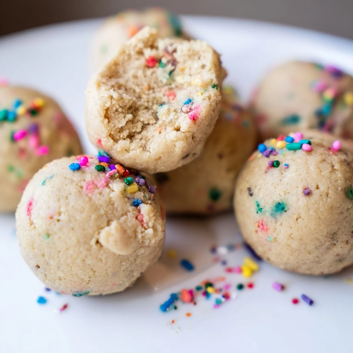 These soft, no-bake Birthday Cake Batter Protein Balls sit on a plate with a glass of milk for a kid-friendly snack.