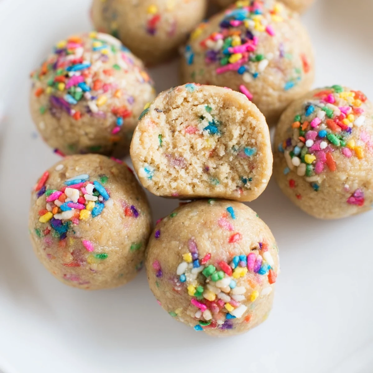 Golden vanilla protein balls with bright sprinkles are arranged neatly on parchment paper for a quick grab-and-go treat.