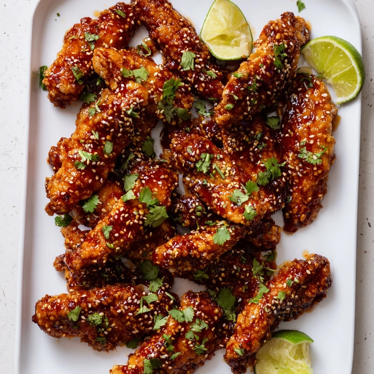 Crispy Thai Sticky Chicken Fingers glisten with sweet chili glaze, topped with sesame seeds and fresh cilantro on a platter.