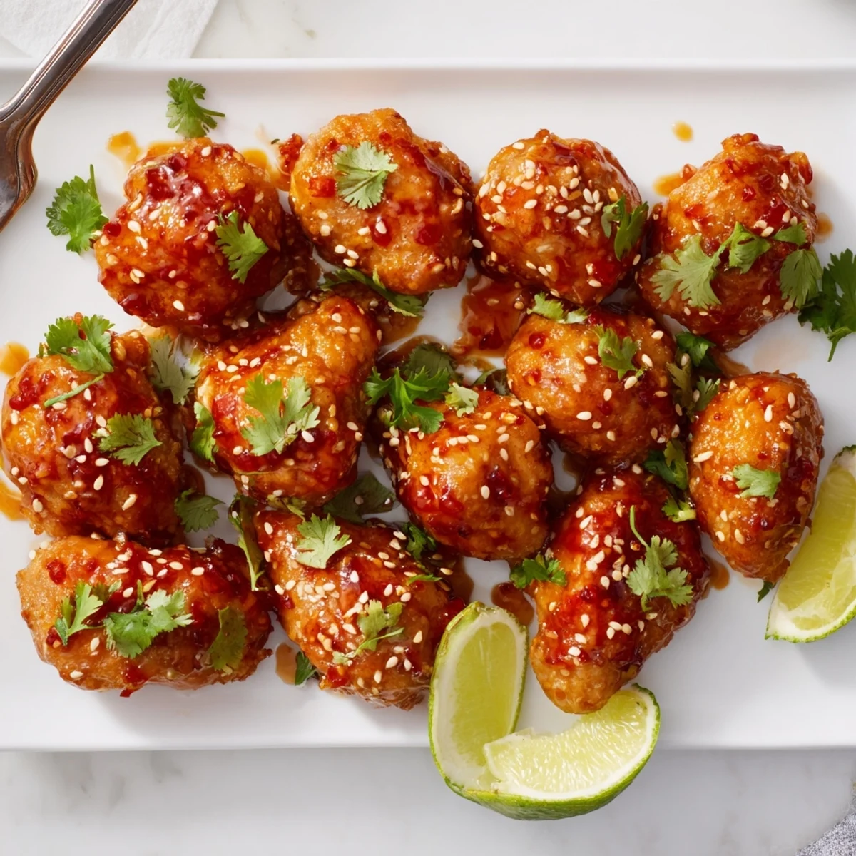 Thai Sticky Chicken Fingers baked golden with panko and coconut, served with lime wedges for a tangy appetizer bite.