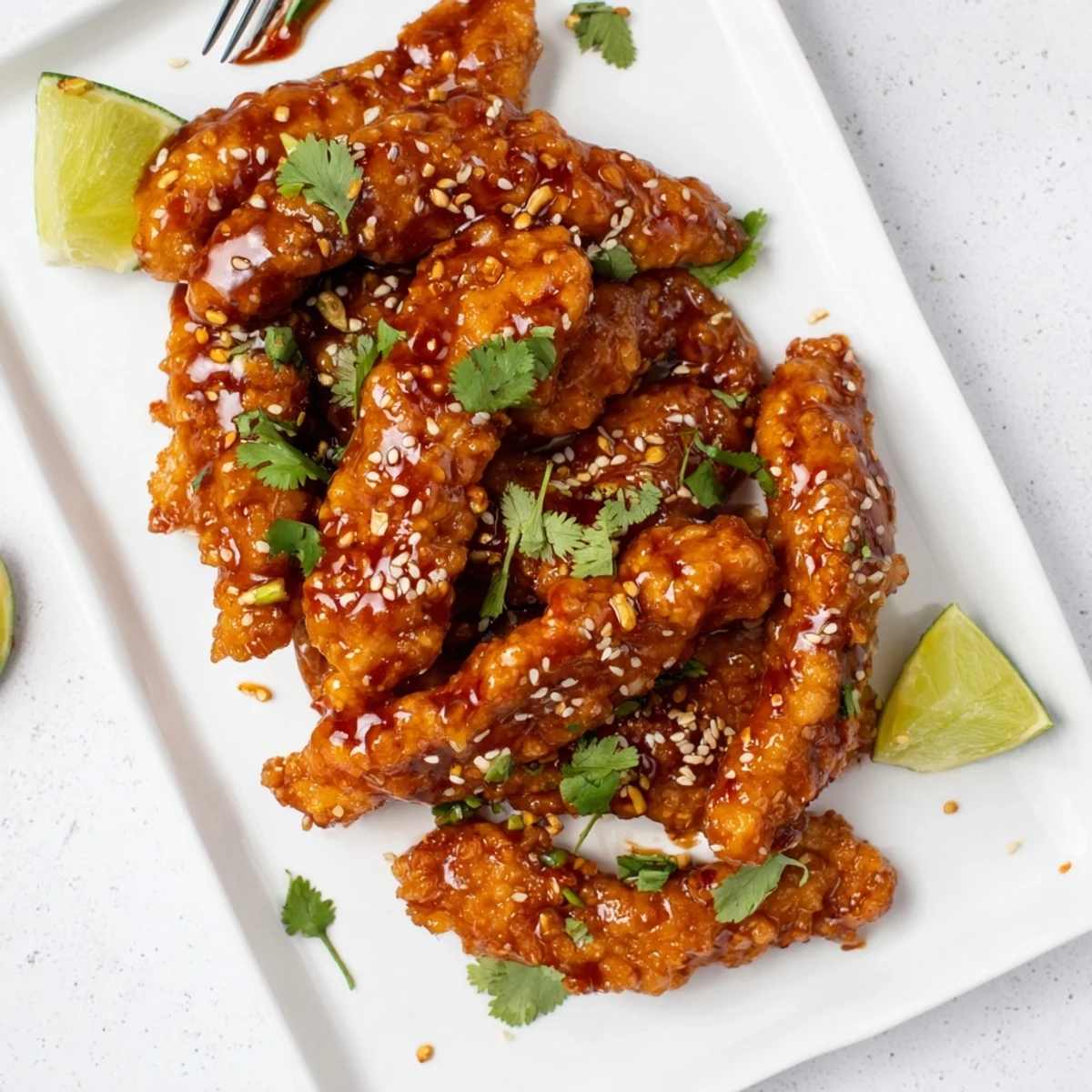 Thai Sticky Chicken Fingers tossed in sticky sauce and garnished with cilantro, perfect for game day or family dinner.