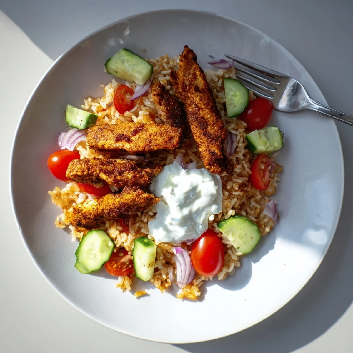 Plated Chicken Shawarma Crispy Rice Salad garnished with fresh herbs, ready to serve warm or at room temperature. 
