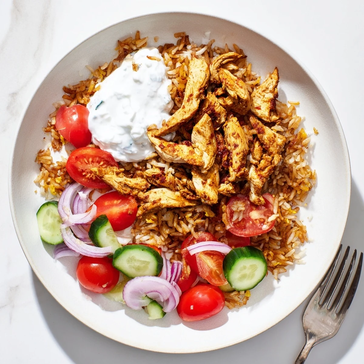 Close-up of Chicken Shawarma Crispy Rice Salad highlighting juicy chicken, crunchy rice, and vibrant cherry tomatoes for a satisfying main dish.