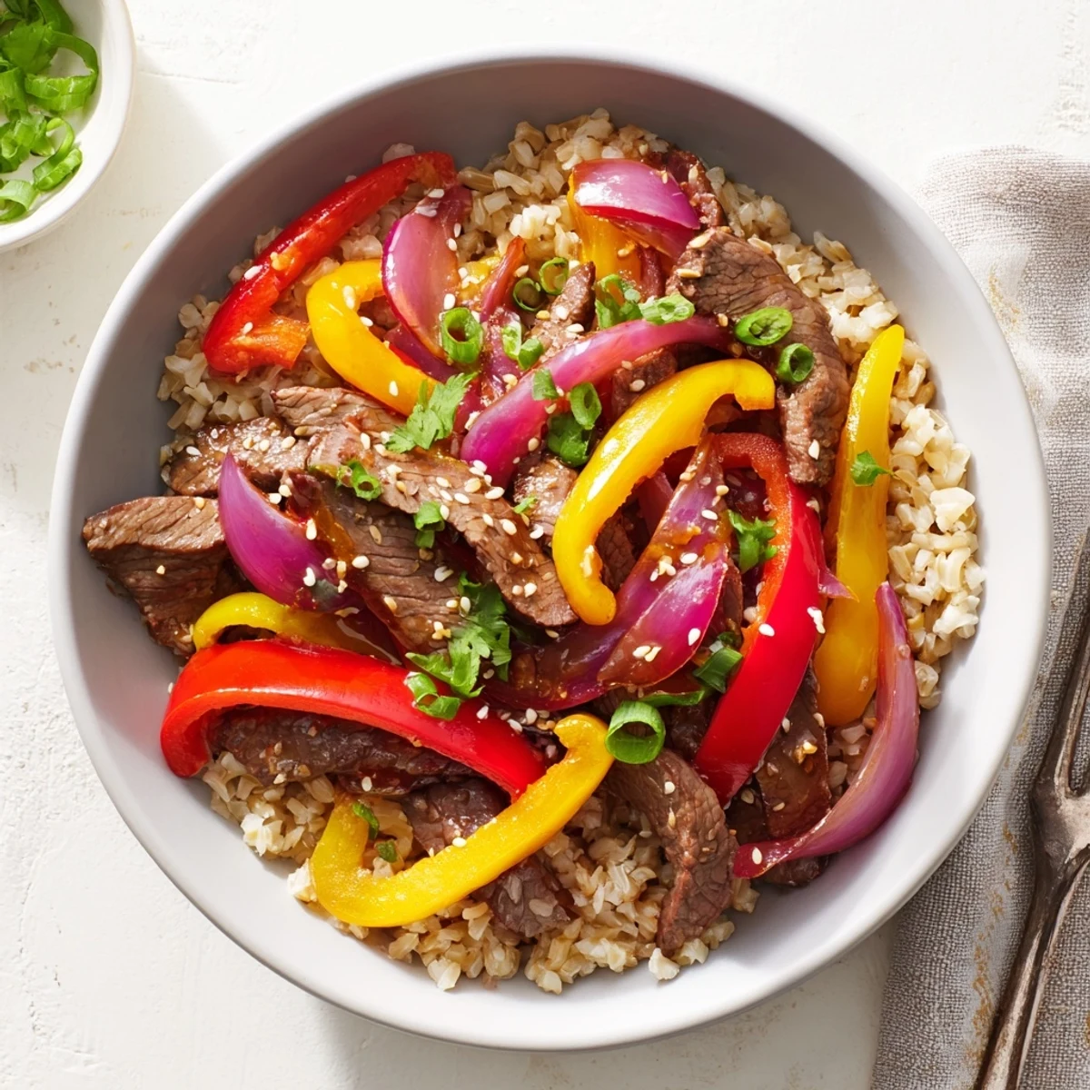 Savory Healthy Beef and Pepper Rice Bowl served in a bowl with sesame seeds and cilantro garnish.