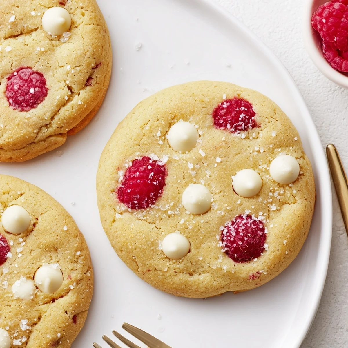 Lemon Raspberry Cookies with zesty glaze and fresh berries on rustic plate.