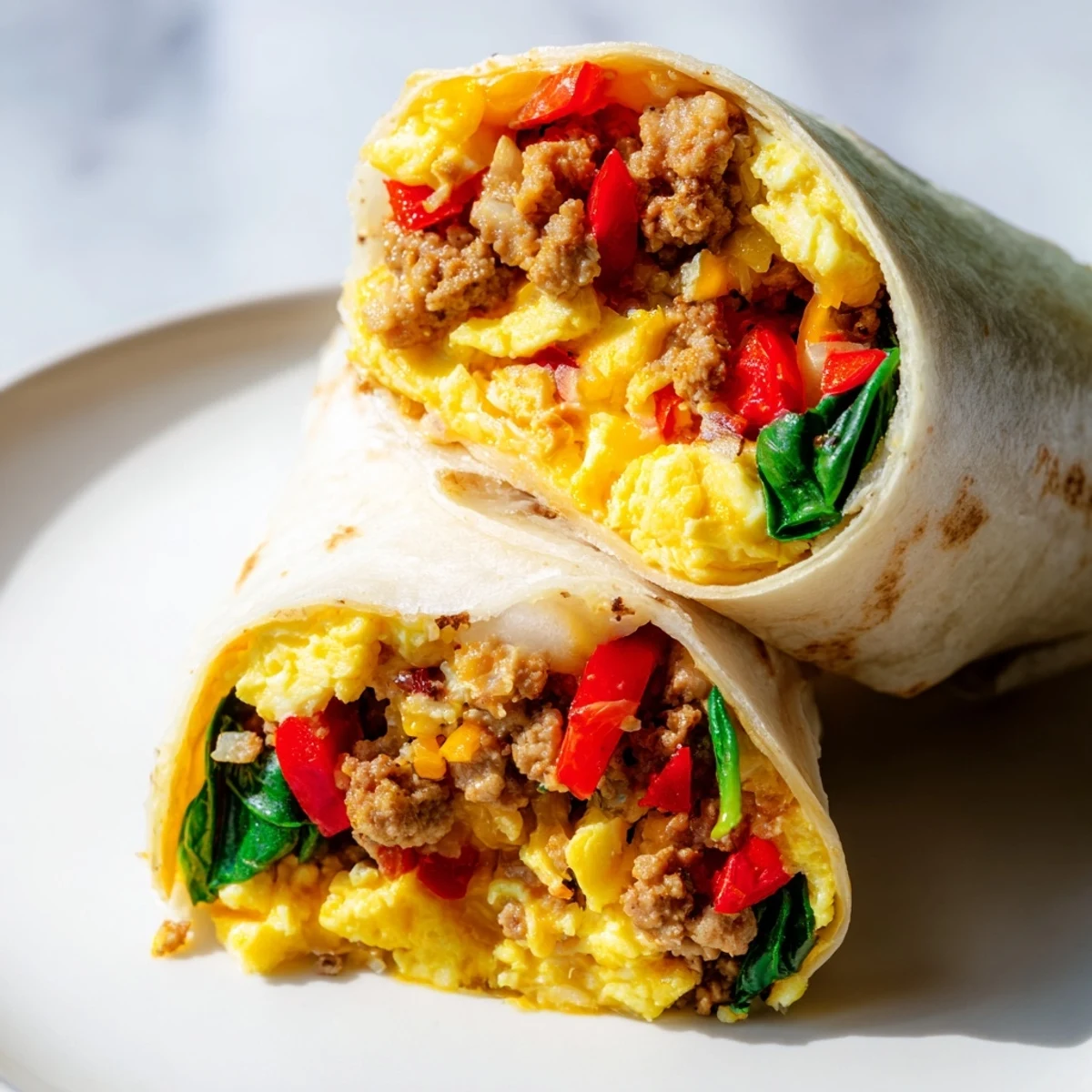 Golden scrambled eggs, sausage, peppers, and melted cheddar wrapped in a warm flour tortilla make these Make-Ahead Breakfast Burritos hearty.