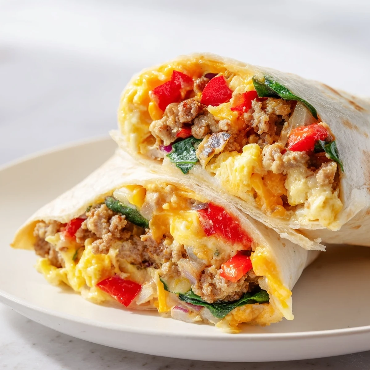Close-up of Make-Ahead Breakfast Burritos on a plate with fresh salsa, avocado slices, and a drizzle of hot sauce for serving.