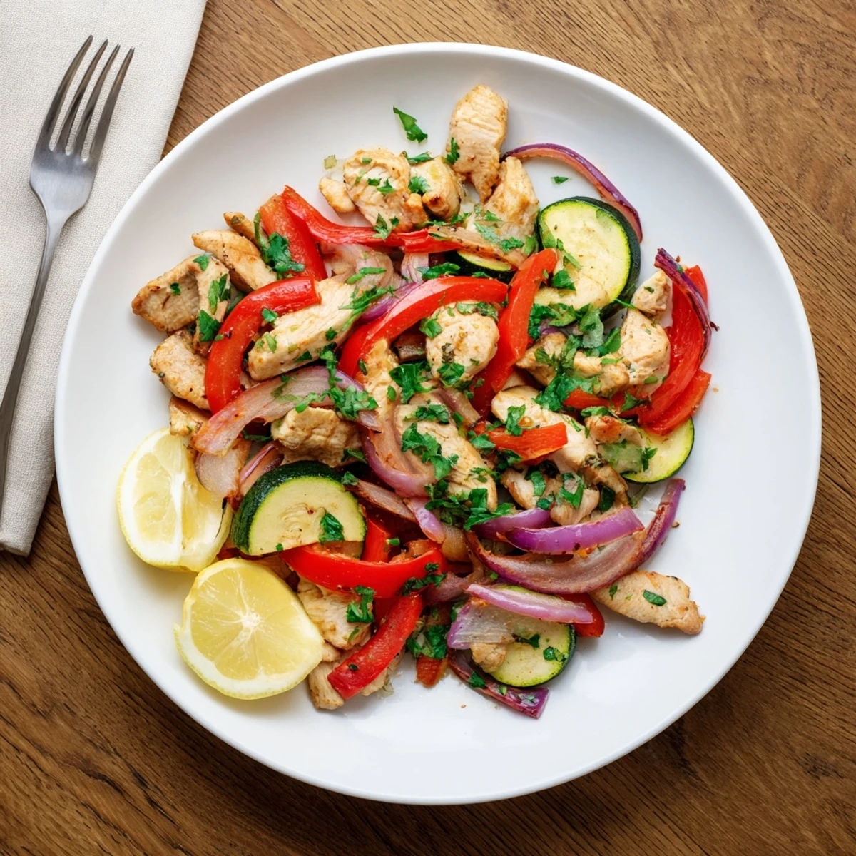 Golden Mediterranean Chicken Stir Fry with tender chicken strips, bright red bell peppers, and zucchini in a sizzling skillet.