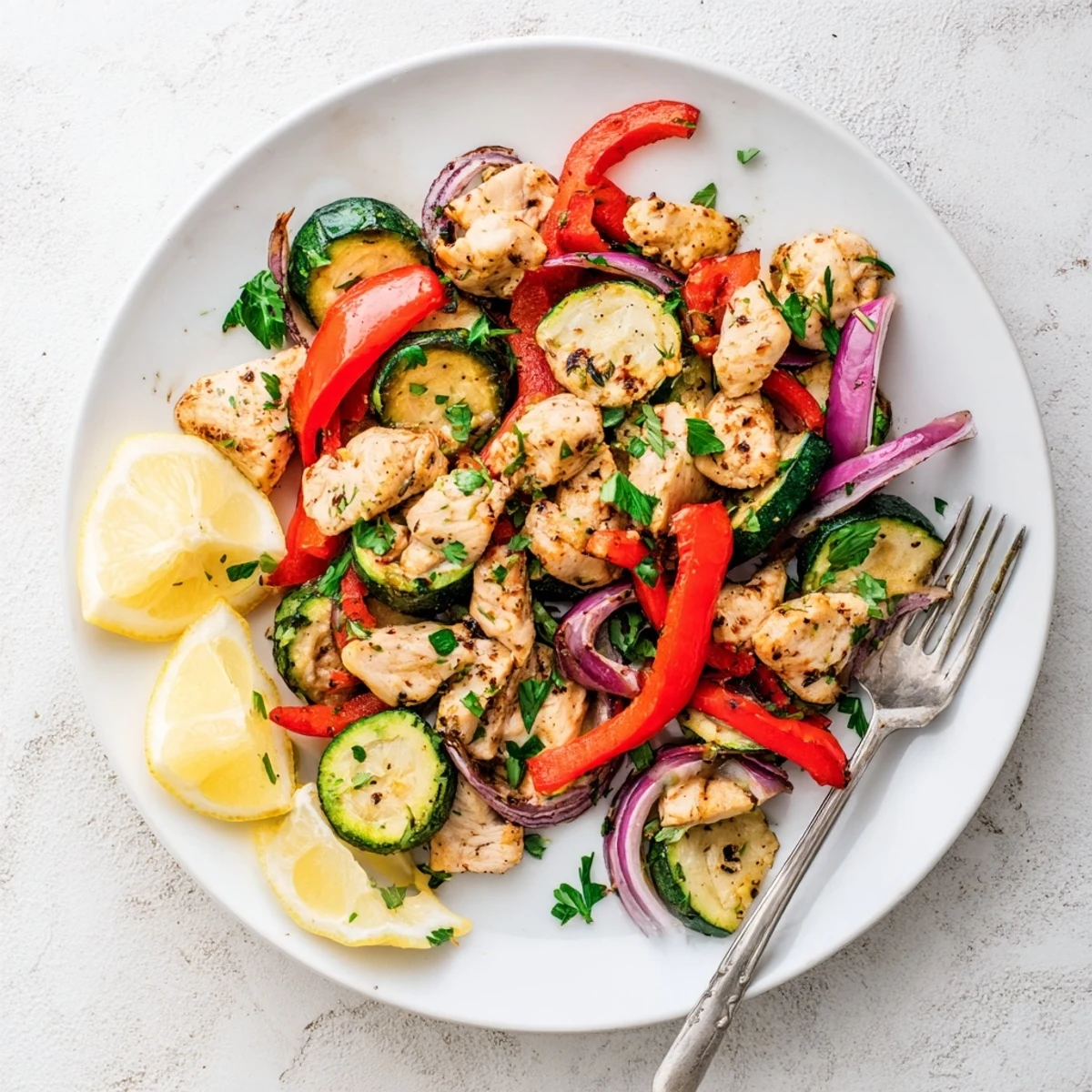 Fresh parsley and lemon wedges garnish a colorful Mediterranean Chicken Stir Fry served over fluffy white rice.