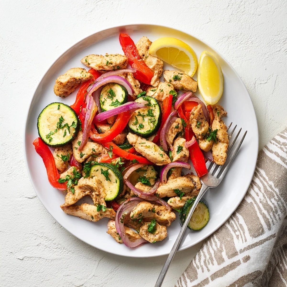 Healthy Mediterranean Chicken Stir Fry featuring juicy chicken, vibrant vegetables, and fragrant oregano in a quick weeknight dinner.