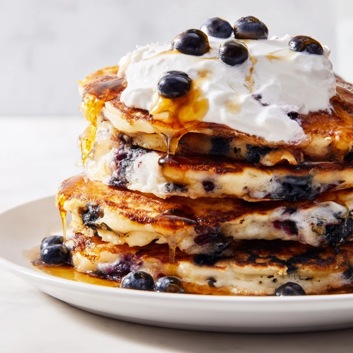 Golden-brown Greek Yogurt Blueberry Pancakes stacked high, drizzled with maple syrup and topped with fresh blueberries for a breakfast treat.
