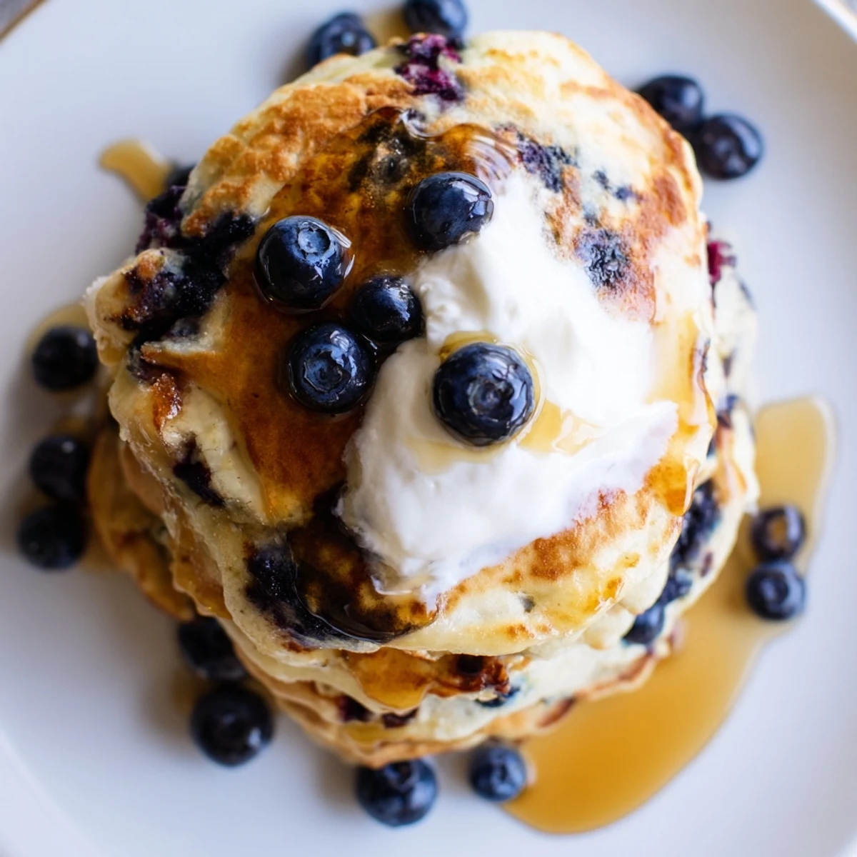 Fluffy Greek Yogurt Blueberry Pancakes sizzling on a griddle, with creamy yogurt and berries folded into the golden batter.