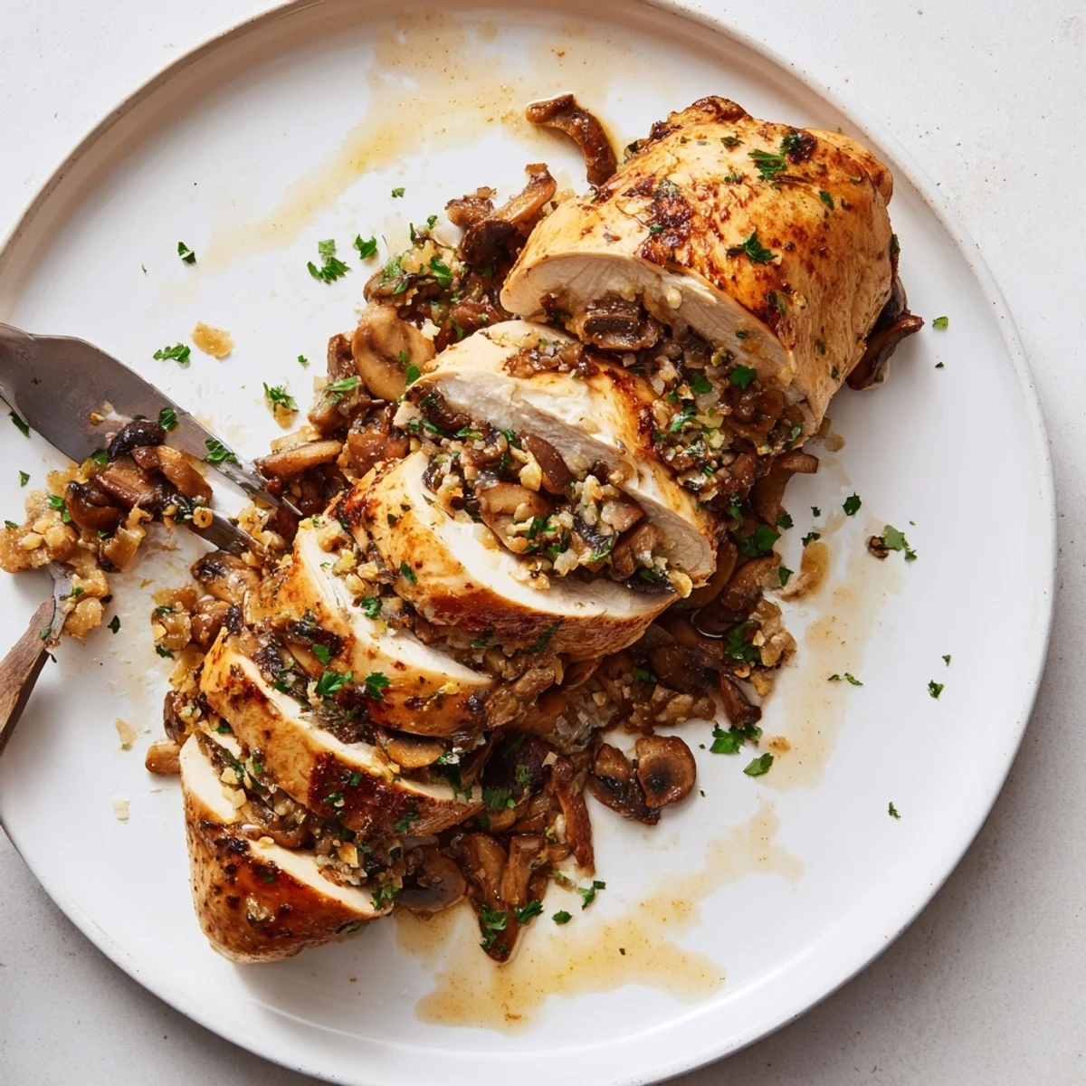Plated Flavorful Mushroom Stuffed Chicken Breast sliced to reveal a savory mushroom and herb filling. 