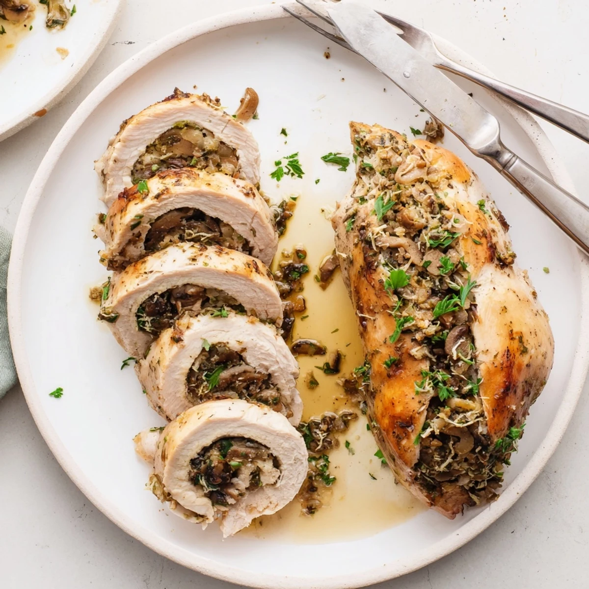 Golden-seared Flavorful Mushroom Stuffed Chicken Breast rests on a plate with fresh parsley and melted cheese. 